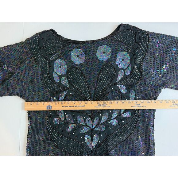 VTG Pete's Black Silk Multicolor Sequin Beaded Short Sleeve Blouse Top Women's M - Picture 6 of 10